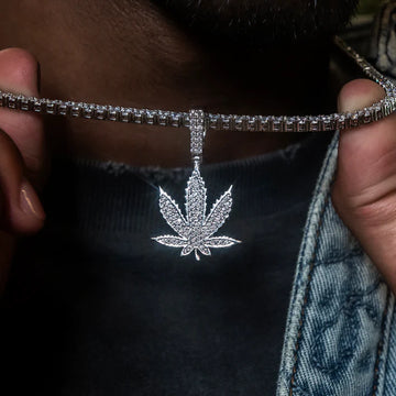 Diamond Weed Leaf Pendant in White and Yellow Gold