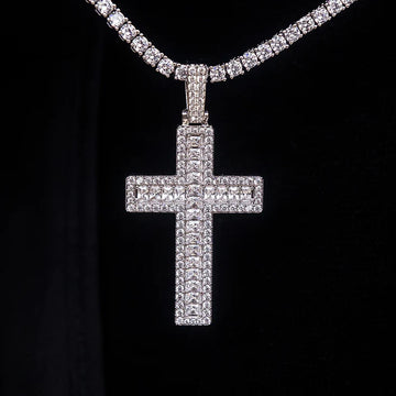 Diamond Baguette Cross Pendant in White and Yellow Gold