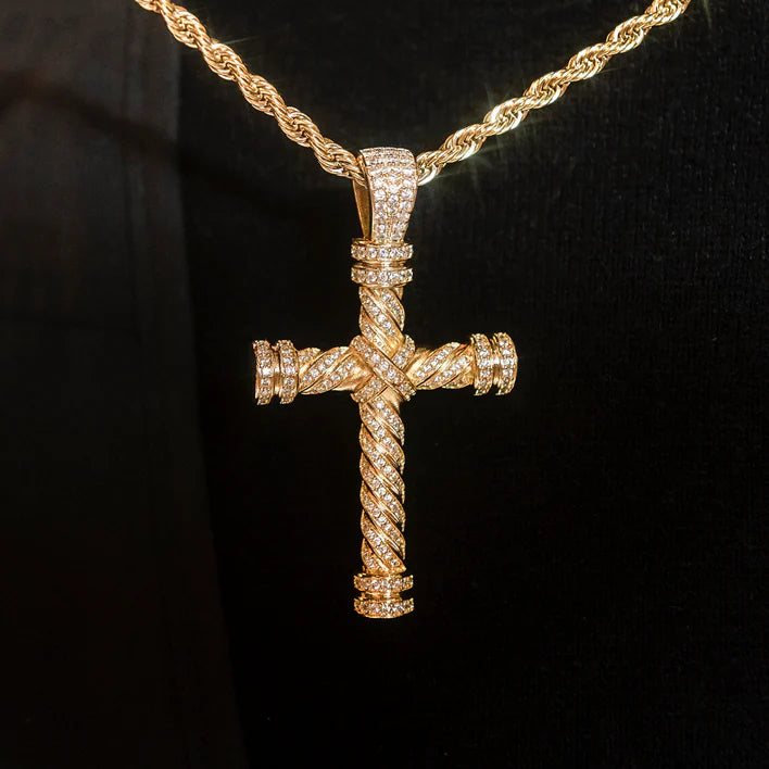 Diamond Rope Cross Pendant in White and Yellow Gold