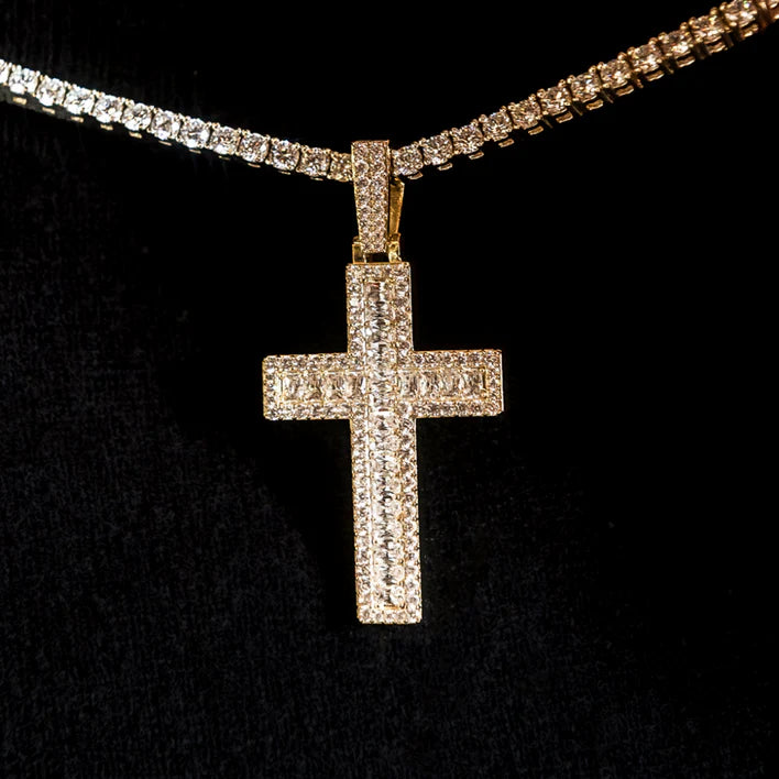 Diamond Baguette Cross Pendant in White and Yellow Gold