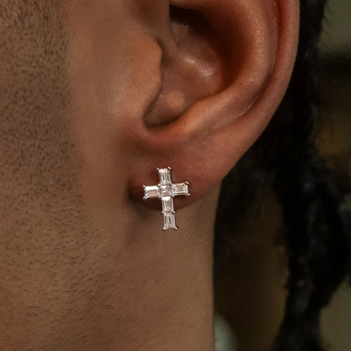 Diamond Baguette Cross Stud Earrings in White and Yellow Gold