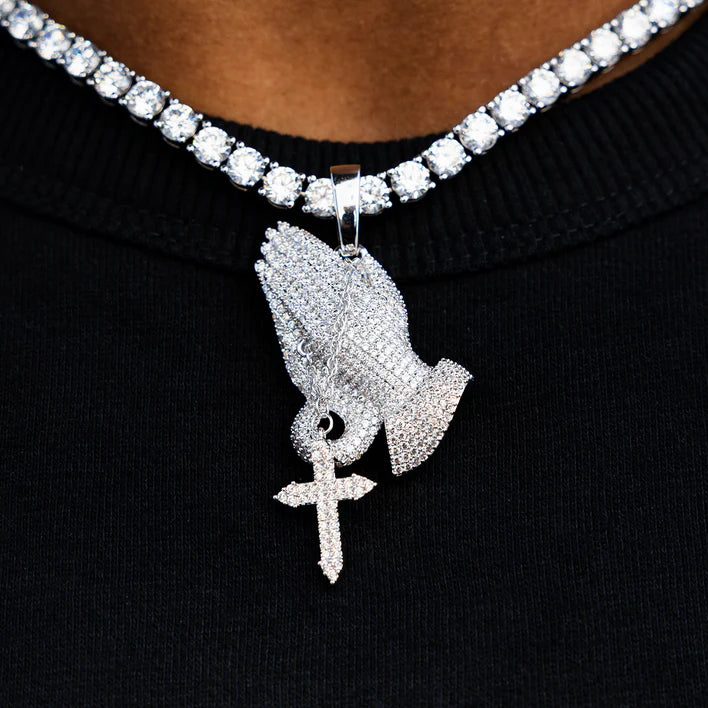 Iced Praying Hands Pandant in White and Yellow Gold
