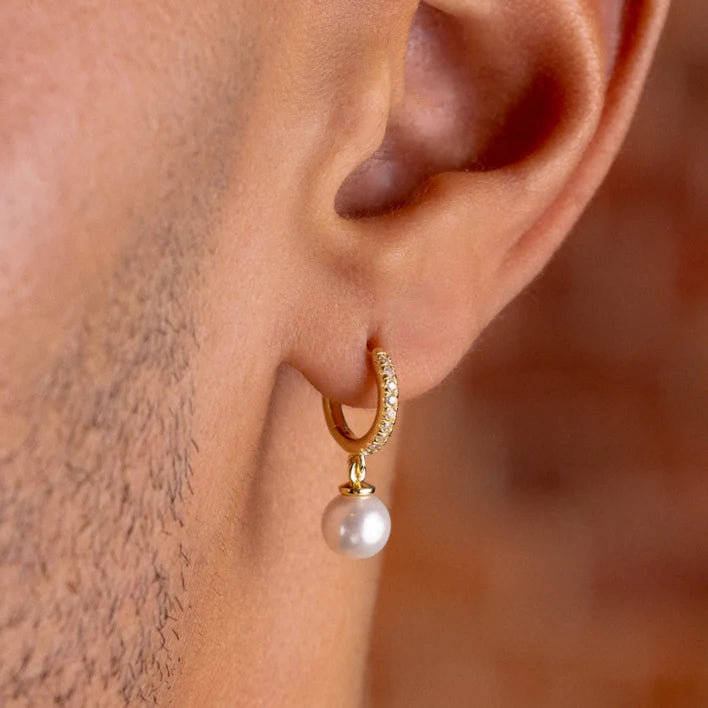 Pave Huggie Pearl Drop Earrings in White and Yellow Gold