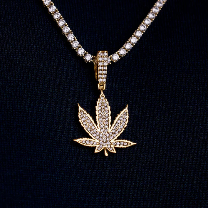Diamond Weed Leaf Pendant in White and Yellow Gold