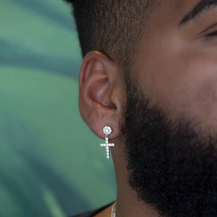 Diamond Studded Cross Earrings in White and Yellow Gold