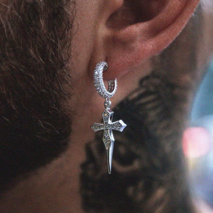 Dripping Cross Hoop Earrings in White and Yellow Gold