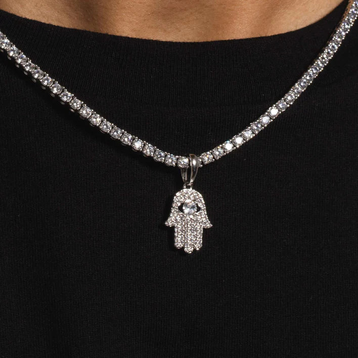 Micro Iced Hamsah Pendant in White and Yellow Gold